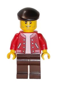 Newsstand Operator Minifigure - A newsstand operator with a blue cap, brown apron, and black legs - twn402