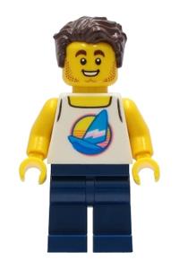 Surfer Male Minifigure - Male surfer with dark brown hair in a white tank top with dark azure windsurf and dark blue legs - twn407