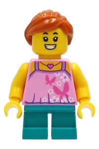 Tourist Girl Minifigure - Girl tourist with dark orange hair wearing a bright pink top with butterflies and flowers and dark turquoise short legs - twn408