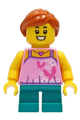 Tourist - Girl, Bright Pink Top with Butterflies and Flowers, Dark Turquoise Short Legs, Dark Orange Hair - twn408