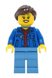 Woman Minifigure - Woman with dark brown hair wearing a dark red V-neck sweater under a blue jacket and medium blue legs - twn409