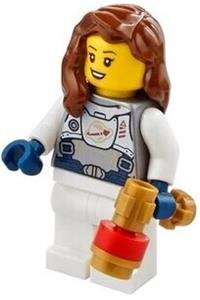 Astronaut Minifigure - Female astronaut with reddish brown hair, wearing a flat silver spacesuit with harness and white panel featuring Classic Space Logo - twn411
