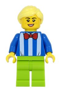 Fairground Worker Minifigure - Female fairground worker with white stripes and red bow tie, lime legs, and bright light yellow hair - twn414