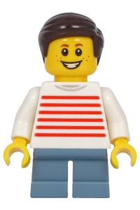 Boy - White Sweater with Red Horizontal Stripes, Sand Blue Short Legs, Dark Brown Hair twn415