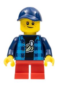 Boy in  Banana Shirt Minifigure - Boy wearing a dark blue banana shirt, with red short legs, and a crooked dark blue cap - twn426