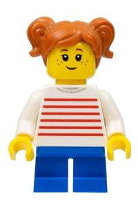 Girl with Dark Orange Two Pigtails Hair, White Sweater with Red Horizontal Stripes, Blue Short Legs twn427