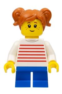 Girl Minifigure - Girl with two dark orange pigtails wearing a white sweater with red stripes and blue short legs - twn427