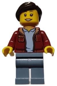 Woman Minifigure - Woman with dark red jacket over a bright light blue shirt, sand blue legs, and dark brown hair - twn430