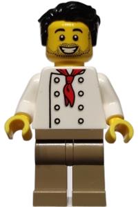 Chef Minifigure - Chef with a white torso featuring 8 buttons and no wrinkles, paired with dark tan legs and black hair - twn431