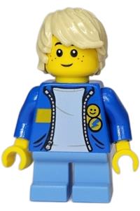 Child Boy Minifigure - Boy with tan tousled hair, wearing a blue jacket over a bright light blue shirt with medium blue short legs - twn436