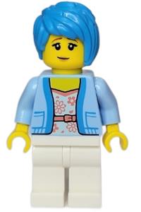 Woman Minifigure - Woman with bright light blue jacket over coral floral shirt, white legs, and dark azure tousled hair - twn437