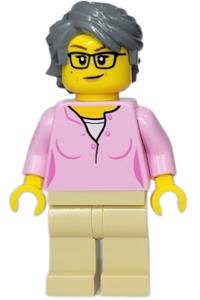 Woman Minifigure - Woman wearing a bright pink shirt with tan legs and dark bluish gray swept back tousled hair - twn438