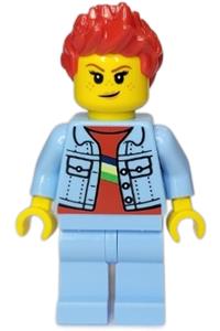 Woman Minifigure - Woman with red spiked hair wearing a bright light blue denim jacket and matching legs - twn440