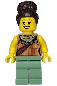 Woman Minifigure - Woman with dark brown hair in high bun wearing a medium nougat tank top with reddish brown ribbing, sand green legs, and shoulder bag - twn442