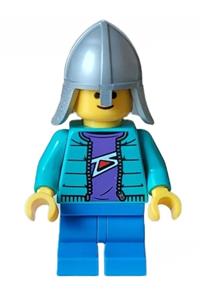 Dragon Adventure Ride Child - A child wearing a dark turquoise jacket over a dark purple shirt with blue medium legs and a flat silver helmet - twn449