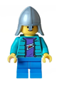 A child wearing a dark turquoise jacket over a dark purple shirt with blue medium legs and a flat silver helmet - twn449