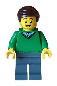 Mover Minifigure - Male mover with dark brown hair wearing a green v-neck sweater and dark bluish gray legs - twn460