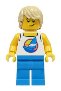 Beach Tourist Minifigure - Male beach tourist with a white tank top featuring a dark azure sailboat, dark azure legs, and tan hair - twn461