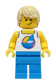Male beach tourist with a white tank top featuring a dark azure sailboat, dark azure legs, and tan hair - twn461