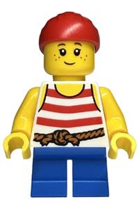 Child in Pirate Costume Minifigure - Child in pirate costume with white tank top with red stripes, blue short legs, and red bandana - twn463