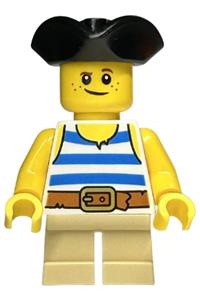 Child - Pirate Costume, White Tank Top with Blue Stripes, Tan Short Legs, Black Tricorne Hat twn464