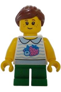 Child Minifigure - Girl child with a white collared shirt with fruit, green short legs, reddish brown ponytail, and freckles - twn470