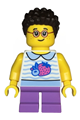 Girl child with white collared shirt featuring fruit, medium lavender short legs, dark brown short coiled hair, and glasses - twn471