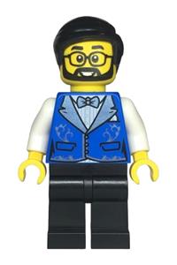 Hotel Receptionist Minifigure - Male hotel receptionist with black hair, beard, and glasses, wearing a blue vest with metallic light blue lapels and black legs - twn472