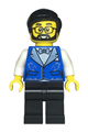 Male hotel receptionist with black hair, beard, and glasses, wearing a blue vest with metallic light blue lapels and black legs - twn472