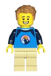 Wheelchair User Minifigure - Male minifigure in a wheelchair with dark azure and dark blue shirt featuring mountains, tan legs, and tousled medium nougat hair - twn474