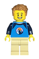 Male minifigure in a wheelchair with dark azure and dark blue shirt featuring mountains, tan legs, and tousled medium nougat hair - twn474