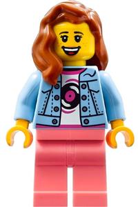 Record Store Clerk Minifigure - Female record store clerk with bright light blue denim jacket, coral legs, dark orange hair, and freckles - twn476