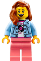 Female record store clerk with bright light blue denim jacket, coral legs, dark orange hair, and freckles - twn476