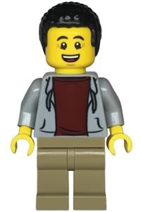 Dad - Light Bluish Gray Hoodie - Dad with black hair, wearing a light bluish gray hoodie over a dark red shirt, with dark tan legs - twn477