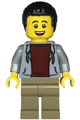 Dad with black hair, wearing a light bluish gray hoodie over a dark red shirt, with dark tan legs - twn477