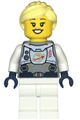 Female astronaut in a flat silver spacesuit with harness, white panel with Classic Space logo, and bright light yellow hair - twn478