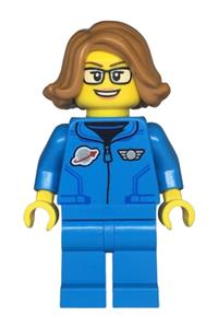 Space Scientist Minifigure - Female space scientist wearing a dark azure jumpsuit, medium nougat hair, glasses, and an open mouth smile - twn479