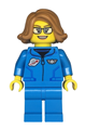 Female space scientist wearing a dark azure jumpsuit, medium nougat hair, glasses, and an open mouth smile - twn479