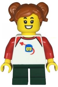 Child Minifigure - Girl child wearing a white Classic Space shirt with red sleeves, dark green short legs and dark orange pigtails - twn480