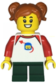 Girl child wearing a white Classic Space shirt with red sleeves, dark green short legs and dark orange pigtails - twn480