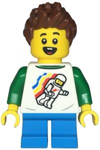 Child Minifigure - A boy wearing a classic Space shirt with a Minifigure floating and back print, dark azure short legs, reddish brown spiked hair - twn481