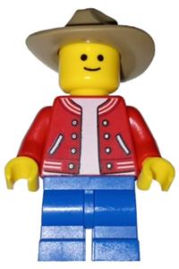 Child Minifigure - Child wearing a red letterman jacket, blue medium legs, and a dark tan fedora hat - twn482