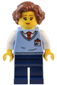 Natural History Museum employee with reddish brown hair, wearing a bright light blue sweater vest, ID badge, and dark blue legs - twn484