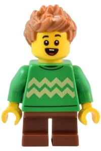 Child - Boy, Bright Green Sweater with Bright Light Yellow Zigzag Lines, Reddish Brown Short Legs, Medium Nougat Spiked Hair twn488