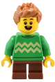 Boy child wearing a bright green sweater with bright light yellow zigzag lines, reddish brown short legs, and medium nougat spiked hair - twn488