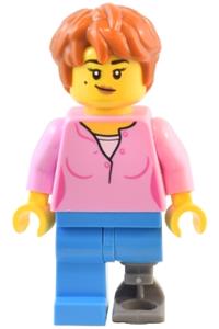 Natural History Museum Visitor - Female, Bright Pink Shirt, Dark Azure Legs with Prosthetic Leg, Dark Orange Thick Messy Hair twn489