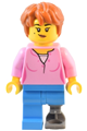 Female visitor at the Natural History Museum with bright pink shirt, dark azure legs with prosthetic leg, and dark orange thick messy hair - twn489