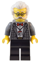 Male museum curator wearing a dark bluish gray plaid jacket with a red bow tie, black legs, white hair, and glasses - twn490