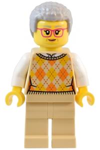 Natural History Museum Visitor - Female Natural History Museum visitor in a tan knit argyle sweater vest, tan legs, light bluish gray coiled hair, and glasses - twn491