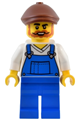 Male window washer at Natural History Museum in blue overalls, v-neck shirt, blue legs, reddish brown flat cap, with beard - twn492